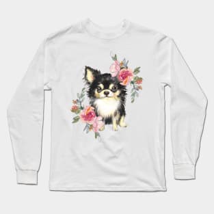 Cute Chihuahua Puppy Dog with Flowers Watercolor Art Long Sleeve T-Shirt